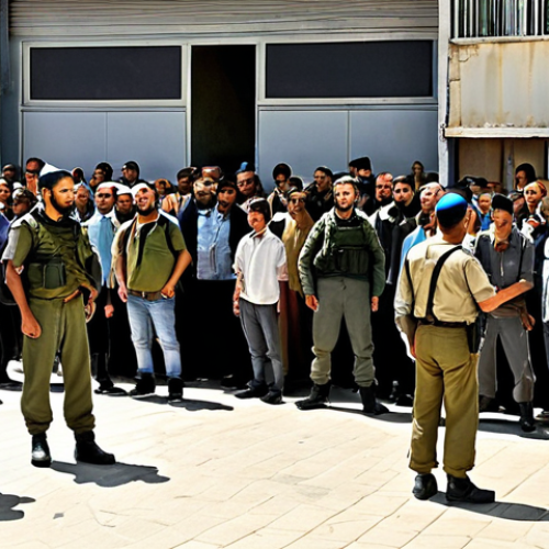 Home 16 **Image Prompt 1: The Qalandia Checkpoint Experience**
A realistic, slightly tense scene at a border checkpoint, specifically referencing Qalandia. Show a long queue of diverse people, some holding passports or documents. Uniformed personnel (Israeli soldiers) are visible in the background, observing the crowd. The lighting should be bright, daytime. Emphasize a sense of quiet observation and the "ritual" of waiting. No aggressive postures, rather a depiction of calm, focused travelers amidst a regulated environment.