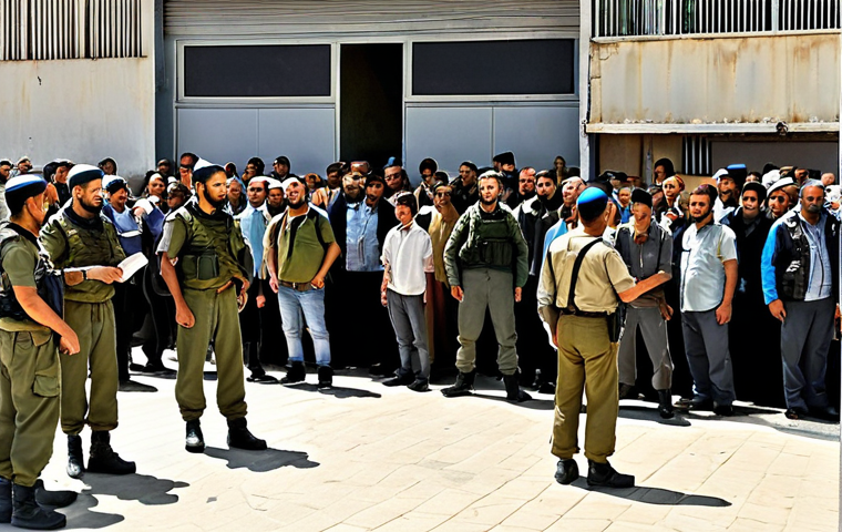 **Image Prompt 1: The Qalandia Checkpoint Experience**
A realistic, slightly tense scene at a border checkpoint, specifically referencing Qalandia. Show a long queue of diverse people, some holding passports or documents. Uniformed personnel (Israeli soldiers) are visible in the background, observing the crowd. The lighting should be bright, daytime. Emphasize a sense of quiet observation and the "ritual" of waiting. No aggressive postures, rather a depiction of calm, focused travelers amidst a regulated environment.
