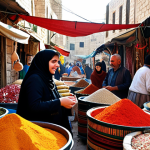 **

A bustling Palestinian marketplace scene. Focus on the vibrant colors of spices, textiles, and fresh produce. Show merchants warmly engaging with customers, emphasizing the importance of personal relationships and friendly bargaining. Incorporate elements that reflect traditional Palestinian culture, like traditional clothing or architecture. The overall tone should be warm, inviting, and emphasize the social aspect of commerce.

**