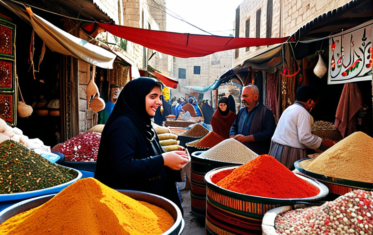 **
A bustling Palestinian marketplace scene. Focus on the vibrant colors of spices, textiles, and fresh produce. Show merchants warmly engaging with customers, emphasizing the importance of personal relationships and friendly bargaining. Incorporate elements that reflect traditional Palestinian culture, like traditional clothing or architecture. The overall tone should be warm, inviting, and emphasize the social aspect of commerce.
**