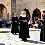 A diverse group of Palestinian people, wearing modest and appropriate traditional attire, engaging in daily community life in a bustling, sunlit town square, surrounded by beautiful traditional architecture. Children are respectfully playing, adults are conversing calmly. The atmosphere is resilient and hopeful. professional photography, sharp focus, natural lighting, high resolution, realistic style, fully clothed, modest clothing, appropriate attire, family-friendly, safe for work, appropriate content, perfect anatomy, correct proportions, natural pose, well-formed hands, proper finger count, natural body proportions.
