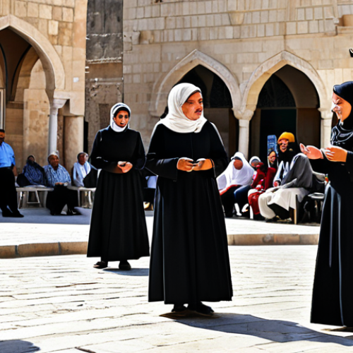 Home 8 A diverse group of Palestinian people, wearing modest and appropriate traditional attire, engaging in daily community life in a bustling, sunlit town square, surrounded by beautiful traditional architecture. Children are respectfully playing, adults are conversing calmly. The atmosphere is resilient and hopeful. professional photography, sharp focus, natural lighting, high resolution, realistic style, fully clothed, modest clothing, appropriate attire, family-friendly, safe for work, appropriate content, perfect anatomy, correct proportions, natural pose, well-formed hands, proper finger count, natural body proportions.