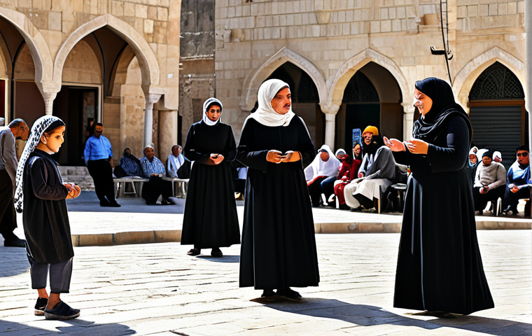 A diverse group of Palestinian people, wearing modest and appropriate traditional attire, engaging in daily community life in a bustling, sunlit town square, surrounded by beautiful traditional architecture. Children are respectfully playing, adults are conversing calmly. The atmosphere is resilient and hopeful. professional photography, sharp focus, natural lighting, high resolution, realistic style, fully clothed, modest clothing, appropriate attire, family-friendly, safe for work, appropriate content, perfect anatomy, correct proportions, natural pose, well-formed hands, proper finger count, natural body proportions.
