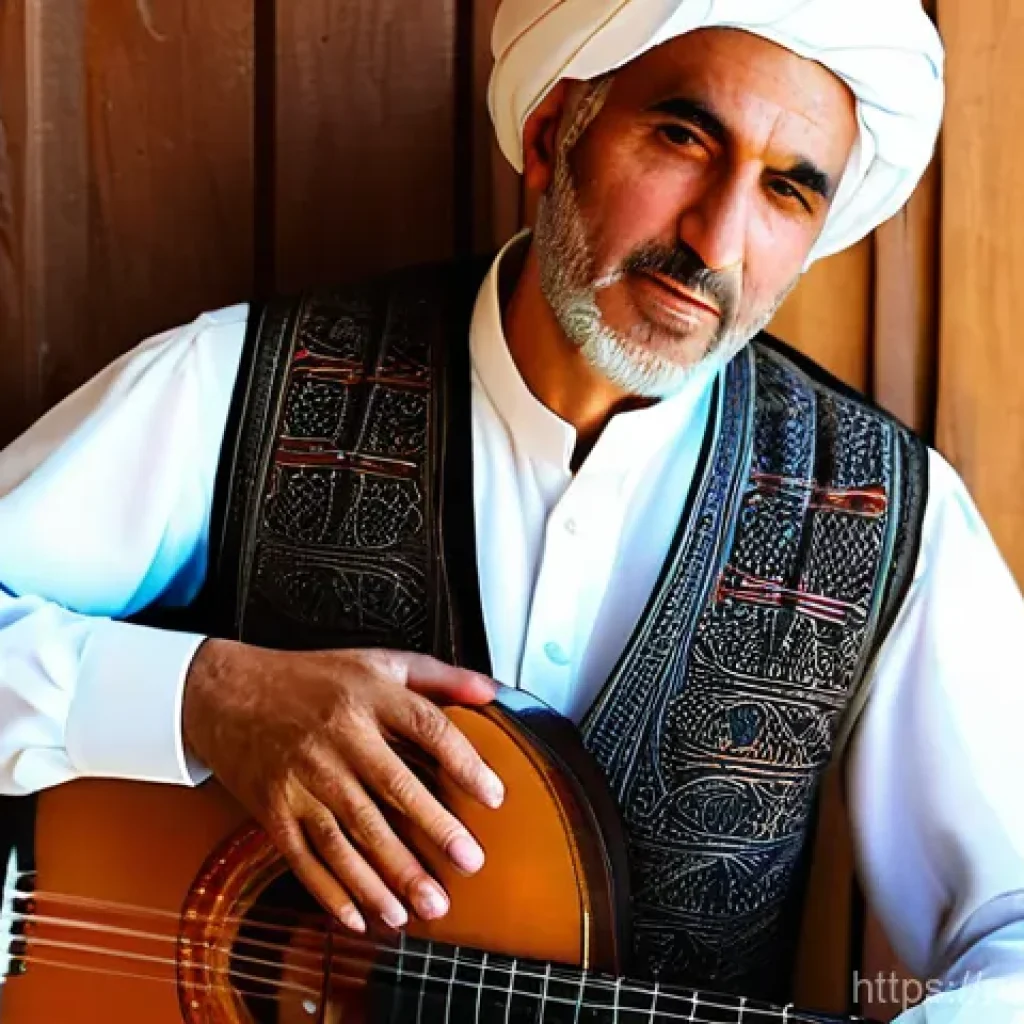 팔레스타인 전통 악기 - **Prompt 1: The Oud's Ancient Song**
    A serene, close-up portrait of a middle-aged Palestinian mu...
