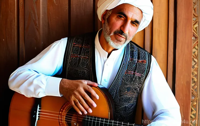 팔레스타인 전통 악기 - **Prompt 1: The Oud's Ancient Song**
    A serene, close-up portrait of a middle-aged Palestinian mu...