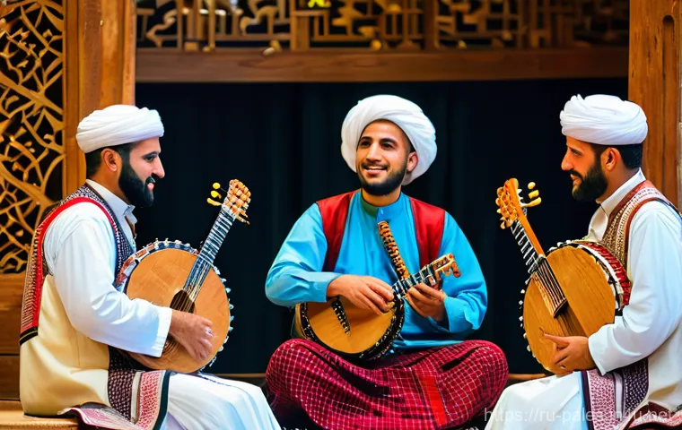 팔레스타인 전통 악기 - **Prompt 1: The Oud's Ancient Song**
    A serene, close-up portrait of a middle-aged Palestinian mu...