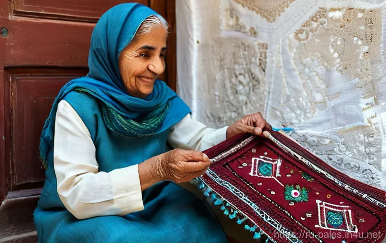 팔레스타인 전통 자수 예술 - **Prompt: Generational Wisdom of Tatreez**
    "A heartwarming scene depicting an elderly Palestinia...