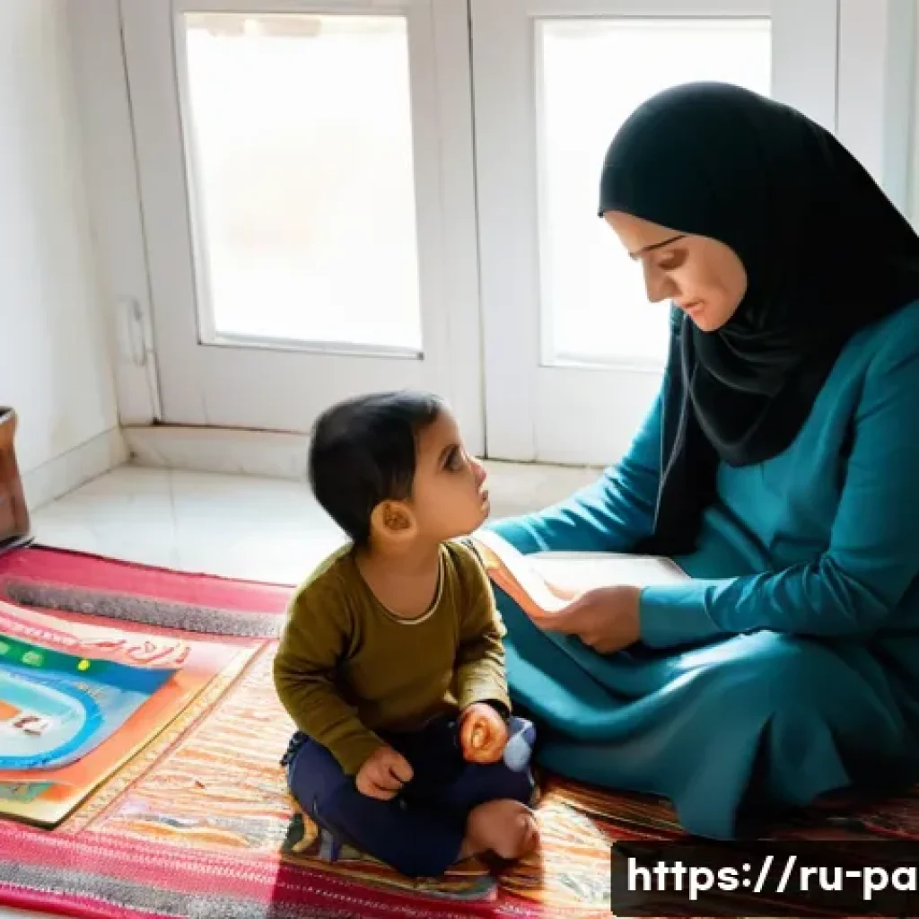팔레스타인 교육에서의 여성 역할 - **Prompt:** A warm and inviting scene inside a modest Palestinian home. A young Palestinian mother, ...