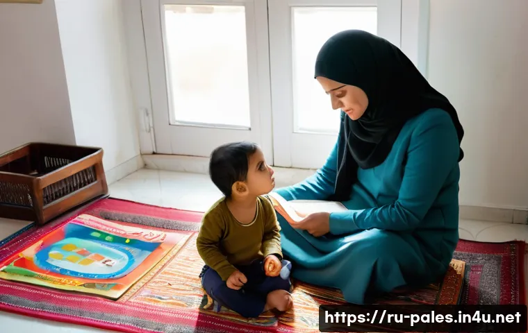 팔레스타인 교육에서의 여성 역할 - **Prompt:** A warm and inviting scene inside a modest Palestinian home. A young Palestinian mother, ...