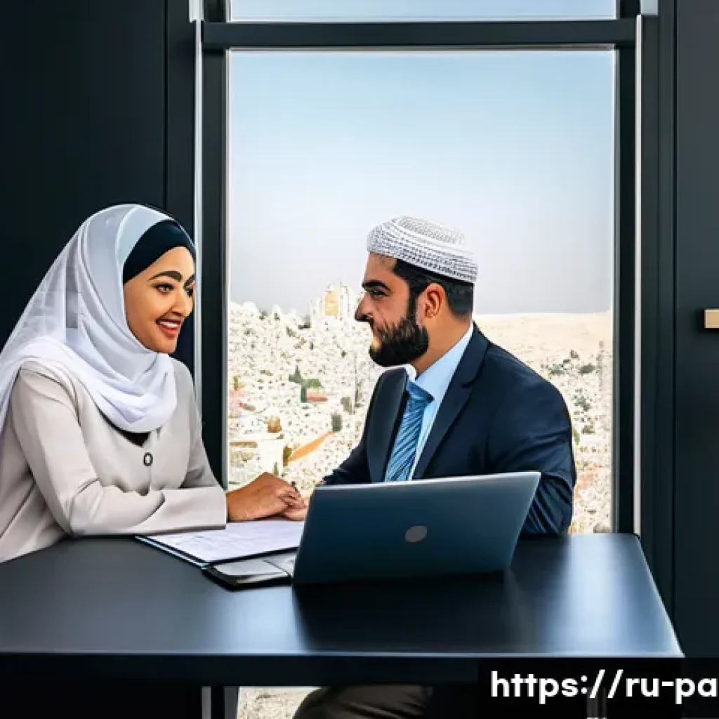 팔레스타인과 이슬람 금융 - A detailed scene of a Palestinian small business owner and an Islamic finance expert discussing a Mu...