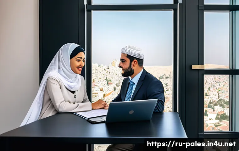 팔레스타인과 이슬람 금융 - A detailed scene of a Palestinian small business owner and an Islamic finance expert discussing a Mu...