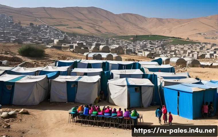 팔레스타인 난민 문제의 배경 - A detailed scene of a Palestinian refugee camp in the Middle East during the early 21st century, sho...