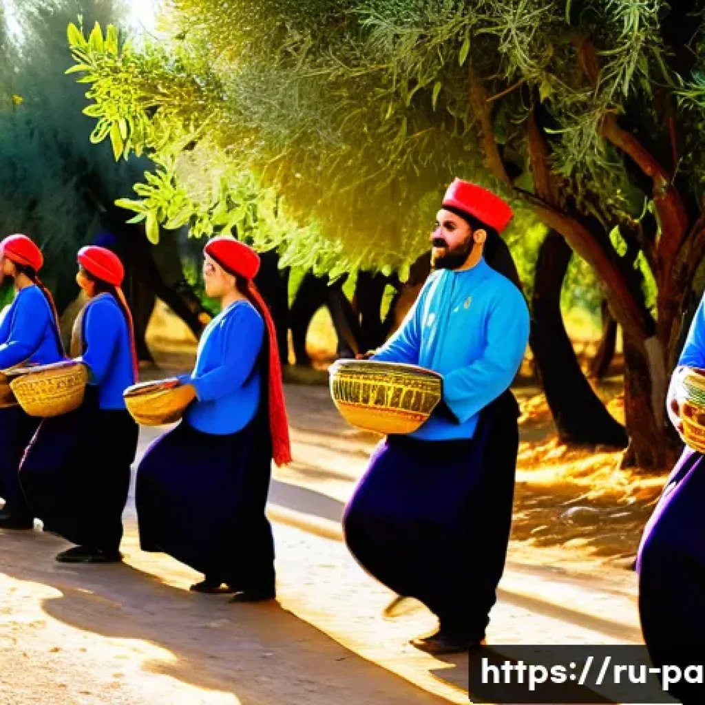 팔레스타인의 주요 축제 - A vibrant Palestinian harvest festival scene set outdoors during autumn, featuring men and women dre...