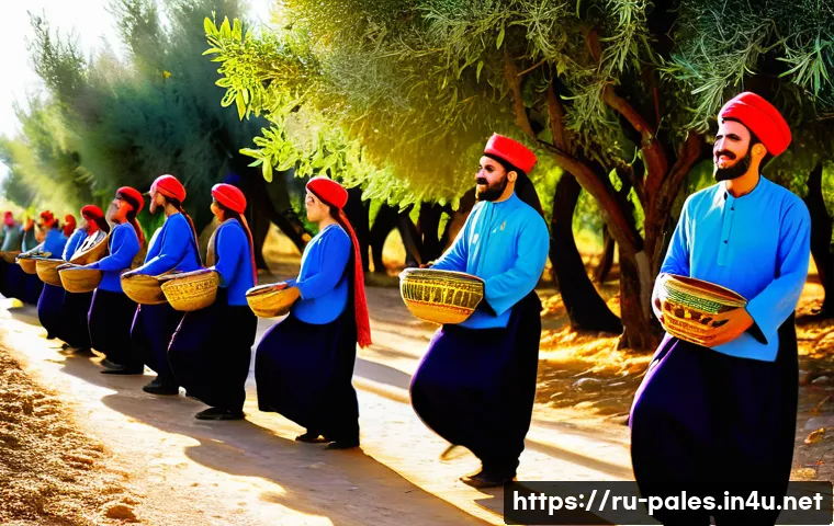 팔레스타인의 주요 축제 - A vibrant Palestinian harvest festival scene set outdoors during autumn, featuring men and women dre...