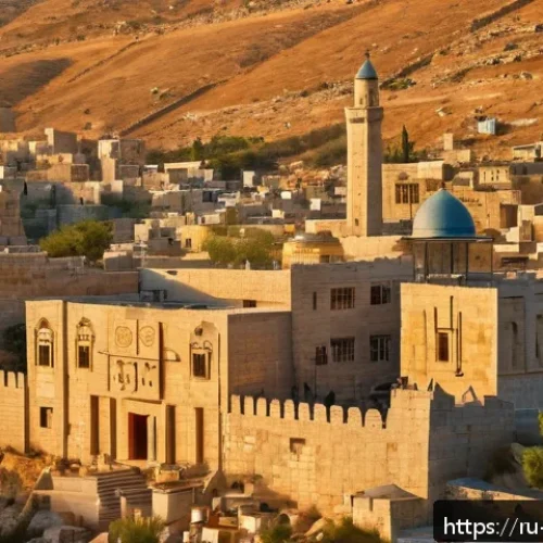 팔레스타인의 유네스코 세계유산 - An ancient stone cityscape of Hebron at golden hour, showcasing meticulously crafted limestone walls...