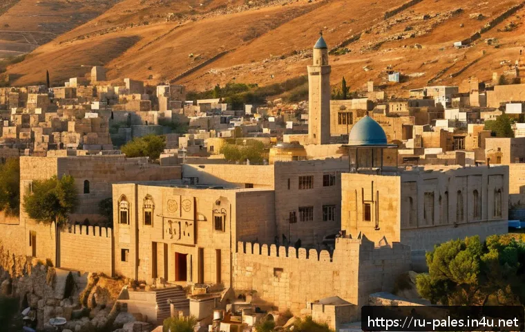 팔레스타인의 유네스코 세계유산 - An ancient stone cityscape of Hebron at golden hour, showcasing meticulously crafted limestone walls...