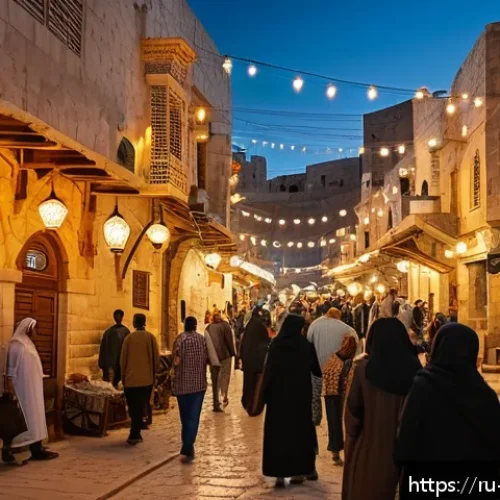 팔레스타인 여행 안전 팁 - A vibrant street scene in Bethlehem during Ramadan evening: warmly lit streets bustling with people ...