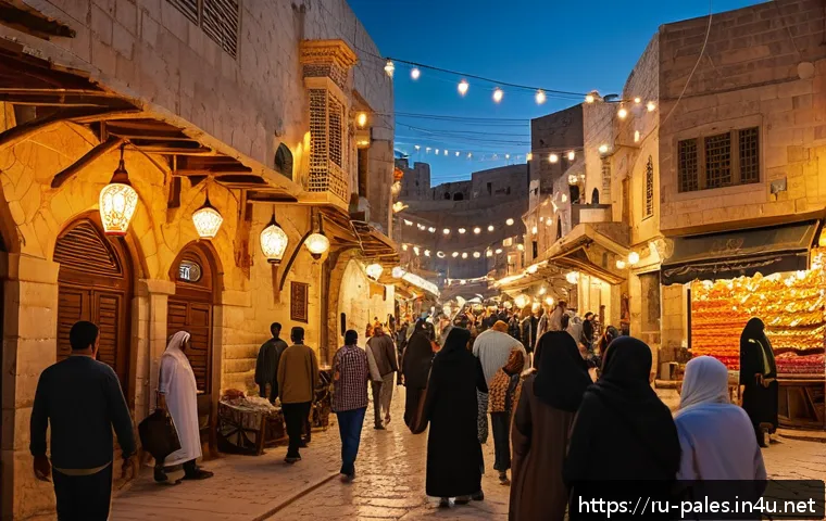 팔레스타인 여행 안전 팁 - A vibrant street scene in Bethlehem during Ramadan evening: warmly lit streets bustling with people ...