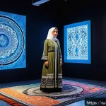 팔레스타인의 현대 예술가 - A contemporary Palestinian female artist in modest clothing creating a mixed-media installation in a...