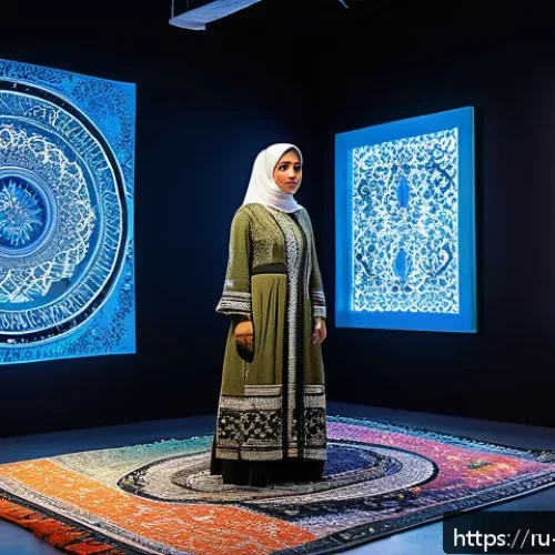 팔레스타인의 현대 예술가 - A contemporary Palestinian female artist in modest clothing creating a mixed-media installation in a...