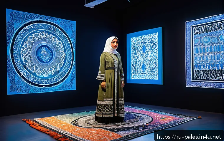 팔레스타인의 현대 예술가 - A contemporary Palestinian female artist in modest clothing creating a mixed-media installation in a...