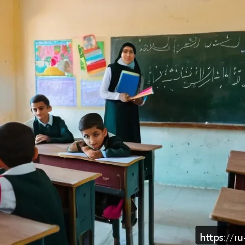 팔레스타인에서의 교육 시스템 - A bright and lively Palestinian elementary school classroom scene showing a diverse group of boys an...