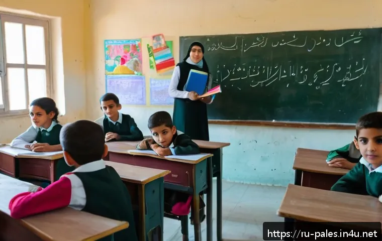 팔레스타인에서의 교육 시스템 - A bright and lively Palestinian elementary school classroom scene showing a diverse group of boys an...