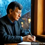 팔레스타인 시인 마흐무드 다르위시 - Photorealistic editorial portrait of Palestinian poet Mahmoud Darwish seated beside a rain-streaked ...