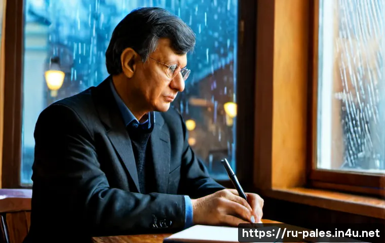 팔레스타인 시인 마흐무드 다르위시 - Photorealistic editorial portrait of Palestinian poet Mahmoud Darwish seated beside a rain-streaked ...